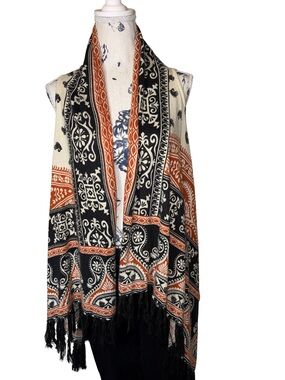 Soho Chick Black Cream & Red Boho Fringe Open Front Vest Shrug Size Small